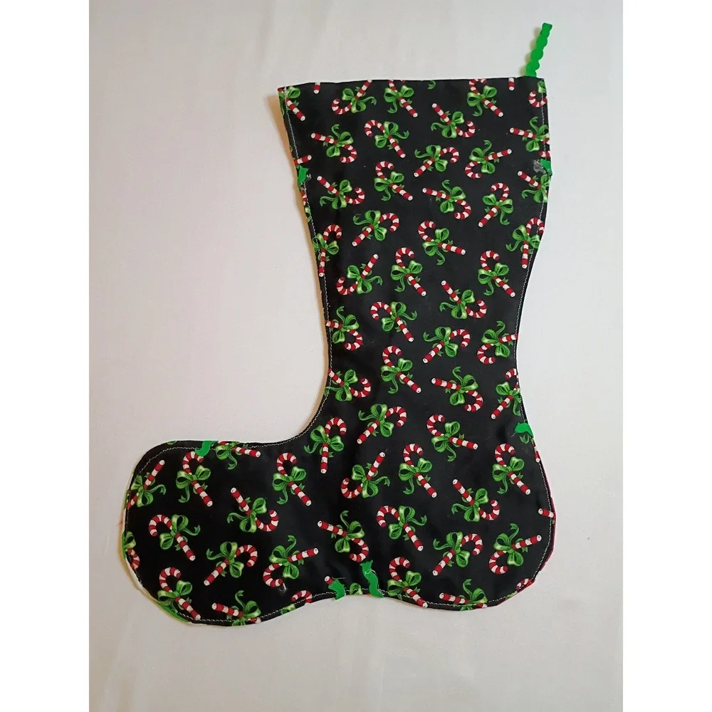 Handmade Christmas Stocking Candy Cane Patchwork Red Green‎ Black Elf Boot Style